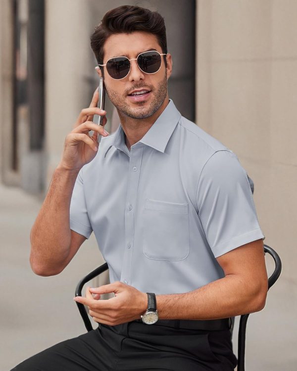 Alimens & Gentle Mens Short Sleeve Dress Shirts Wrinkle Free Solid Casual Button Down Shirts with Pocket - Image 221