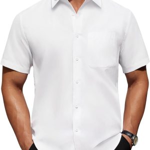 Alimens & Gentle Mens Short Sleeve Dress Shirt Wrinkle Free Solid Casual Button Down Shirts for Summer Business Wedding