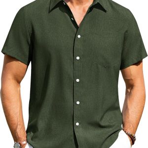 Alimens & Gentle Mens Linen Shirts Short Sleeve Button Down Shirts Wrinkle Free Casual Vacation Beach Summer Tops