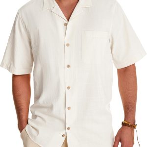 Alimens & Gentle Cuban Linen Shirts for Men Short Sleeve Button Down Shirt Cotton Summer Beach Camp Vacation Hawaiian Shirts