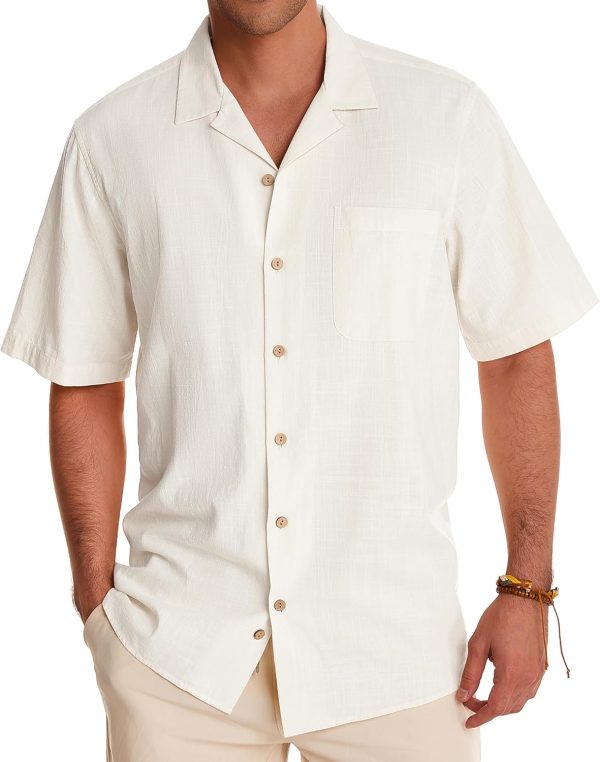 Alimens & Gentle Cuban Linen Shirts for Men Short Sleeve Button Down Shirt Cotton Summer Beach Camp Vacation Hawaiian Shirts