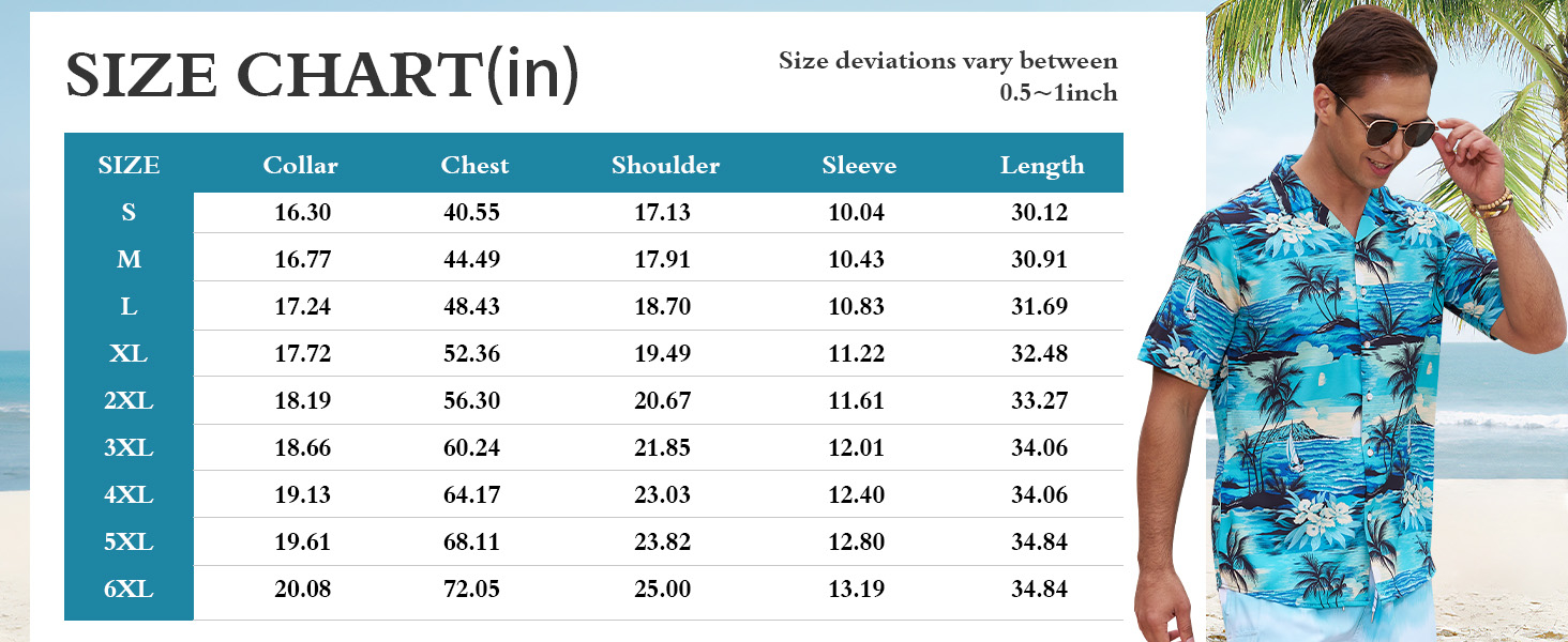 Tropical Print Shirts for Men Size Chart