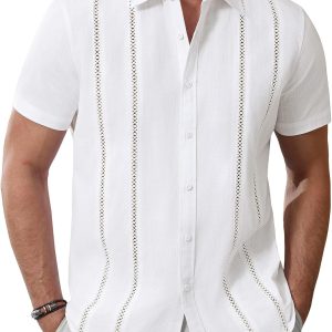 Alimens & Gentle Men's Cuban Guayabera Shirts Cotton Linen Short Sleeve Button Down Shirts Casual Summer Beach Camp Shirt